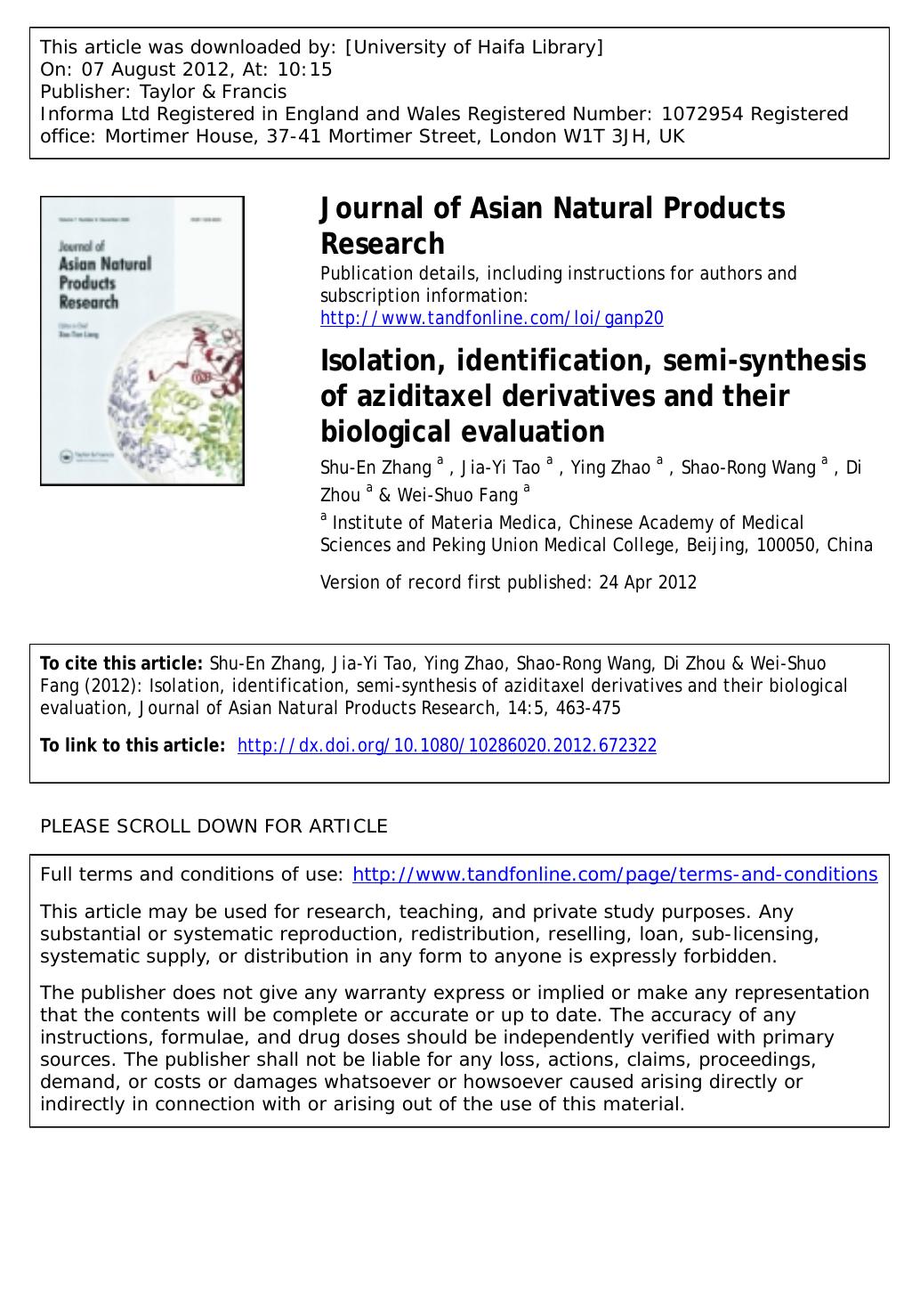 Isolation, identification, semi-synthesis of aziditaxel derivatives and their biological evaluation by unknow