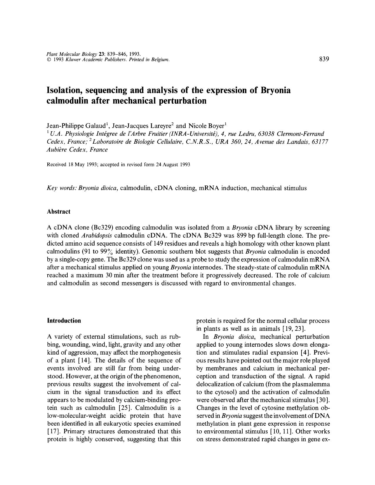 Isolation, sequencing and analysis of the expression of Bryonia calmodulin after mechanical perturbation by Unknown