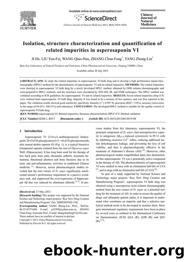 Isolation, structure characterization and quantification of related impurities in asperosaponin VI by De JI & Yun-Fei LIU & Qiao-Han WANG & Chun-Feng ZHANG & Zhong-Lin YANG