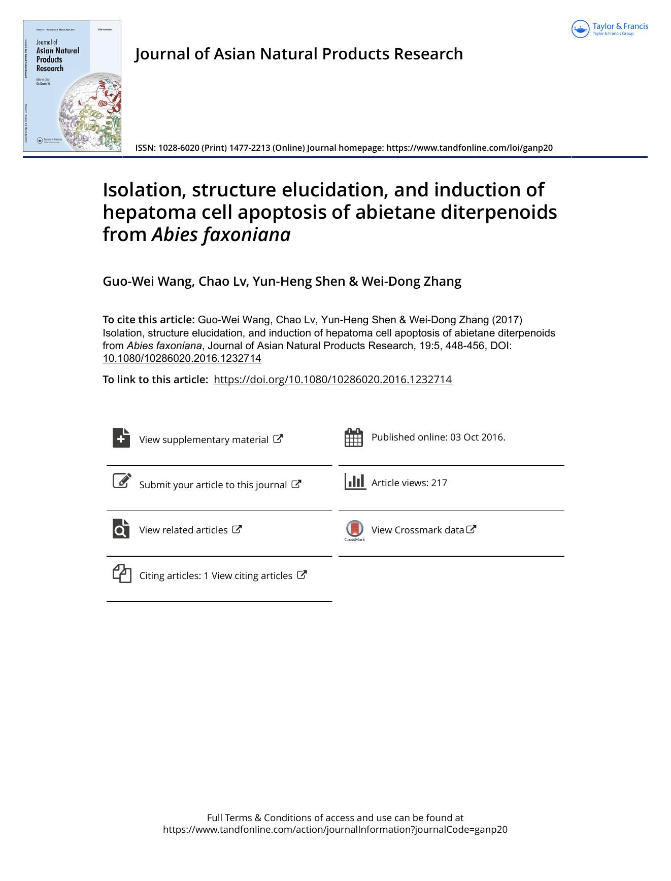 Isolation, structure elucidation, and induction of hepatoma cell apoptosis of abietane diterpenoids from Abies faxoniana by Guo-Wei Wang & Chao Lv & Yun-Heng Shen & Wei-Dong Zhang