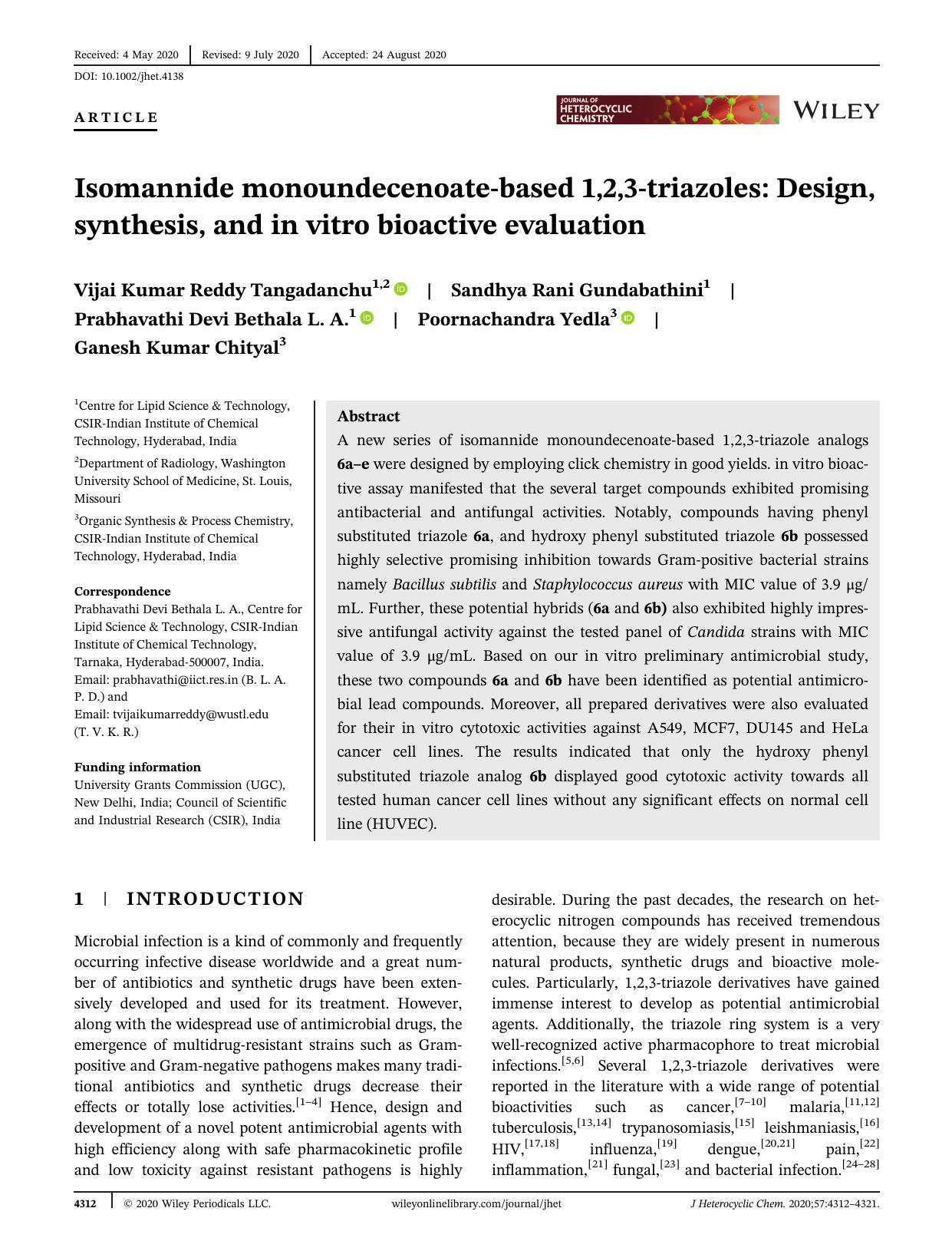 Isomannide monoundecenoate-based 1,2,3-triazoles: Design, synthesis, and in vitrobioactive evaluation by Unknown