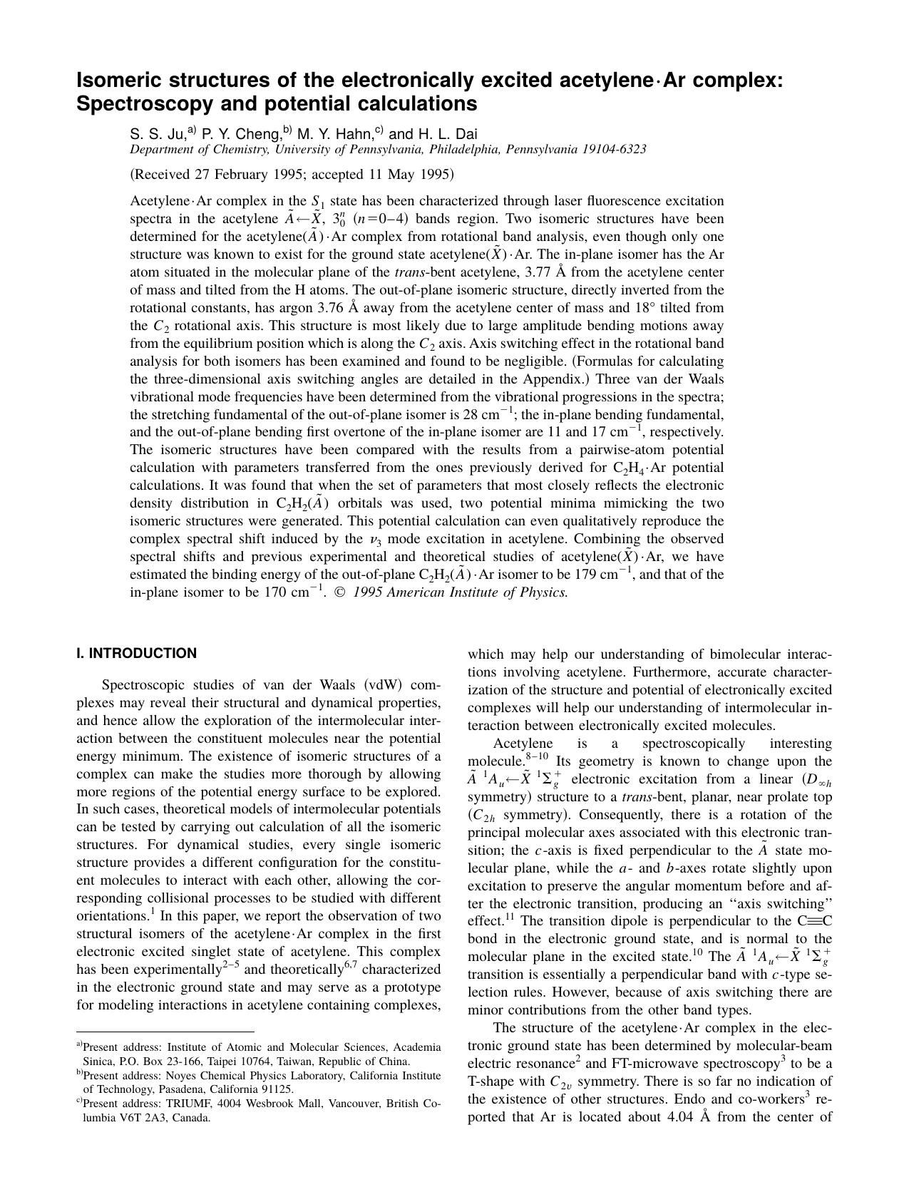 Isomeric structures of the electronically excited acetylene n Ar complex: Spectroscopy and potential calculations by S. S. Ju & P. Y. Cheng & M. Y. Hahn & and H. L. Dai