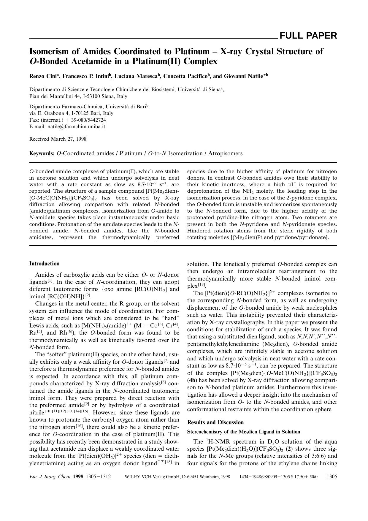 Isomerism of Amides Coordinated to Platinum - X-ray Crystal Structure of O-Bonded Acetamide in a Platinum(II) Complex by Unknown