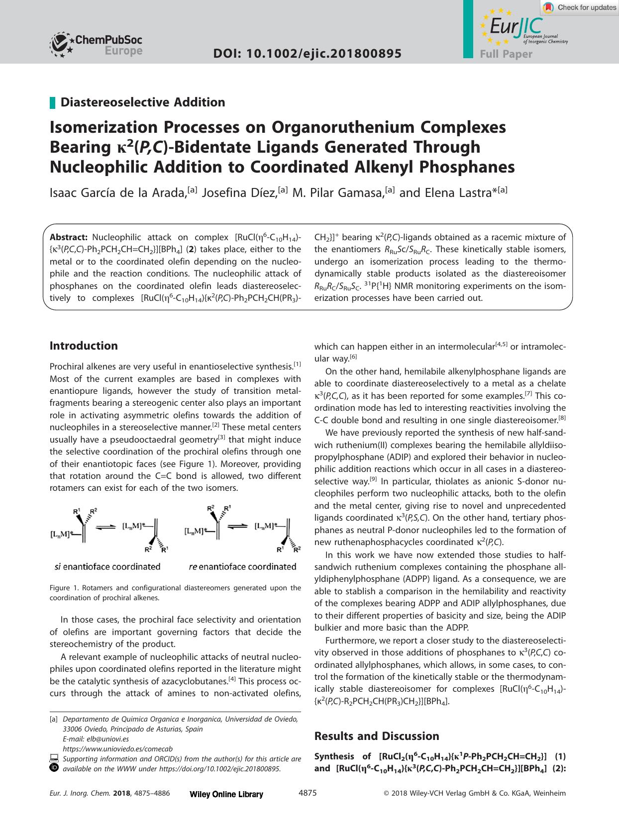 Isomerization Processes on Organoruthenium Complexes Bearing Îº2(P,C)âBidentate Ligands Generated Through Nucleophilic Addition to Coordinated Alkenyl Phosphanes by Unknown