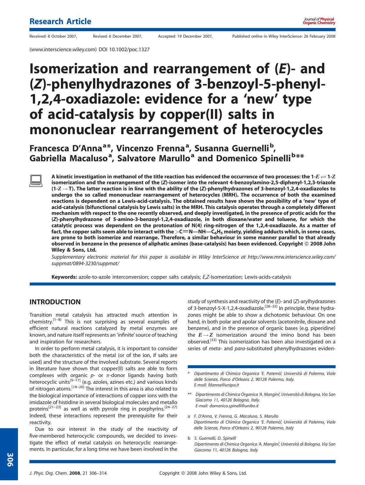 Isomerization and rearrangement of (E)- and (Z)-phenylhydrazones of 3-benzoyl-5-phenyl-1,2,4-oxadiazole: evidence for a `new' type of acid-catalysis by copper(II) salts in mononucl by Unknown