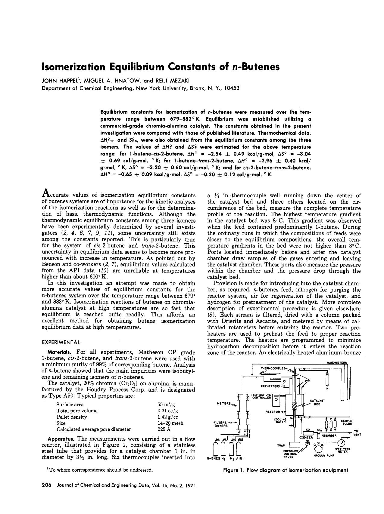 Isomerization equilibrium constants of n-butanes by John. Happel Miguel A. Hnatow Reiji. Mezaki