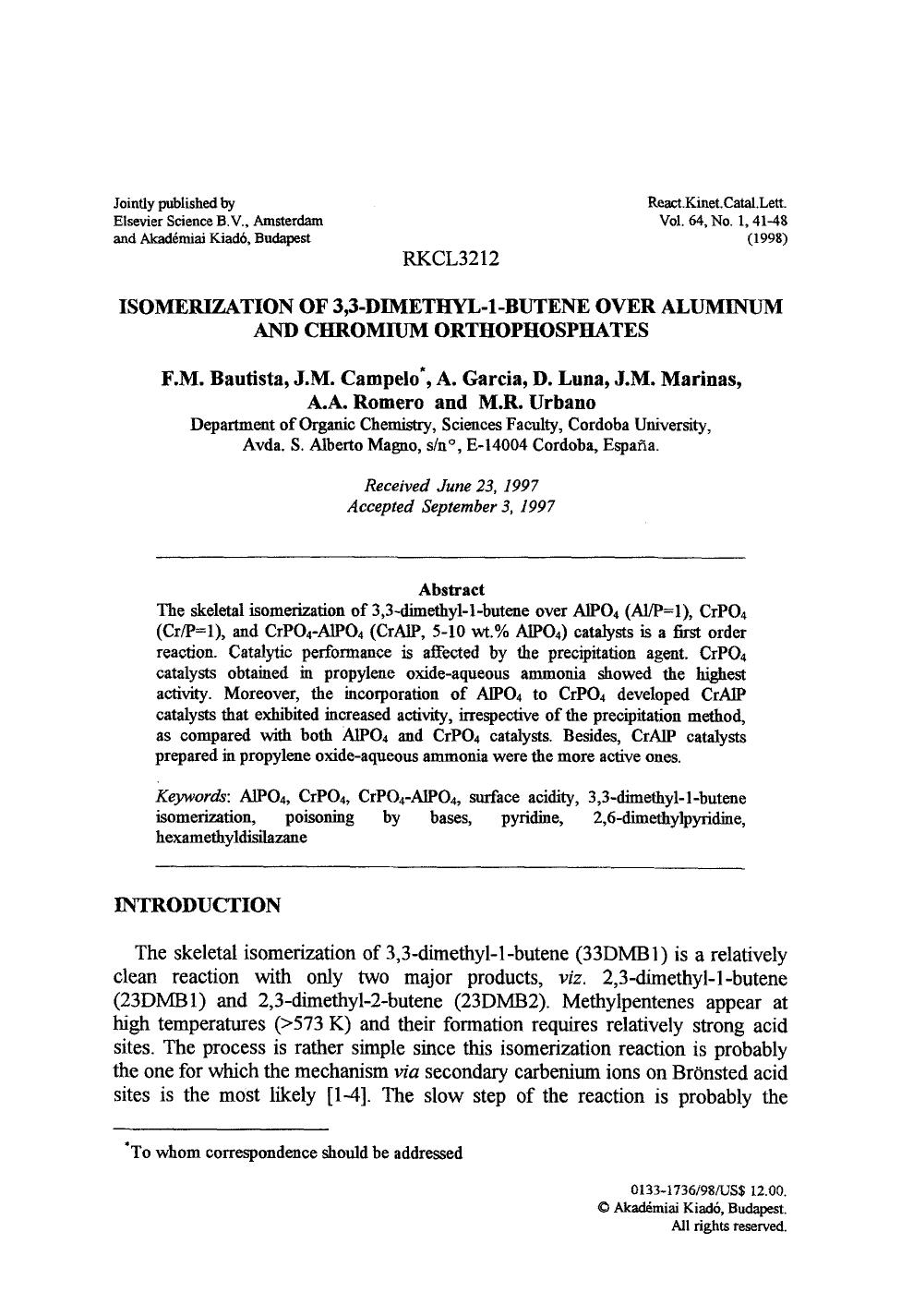 Isomerization of 3,3-dimethyl-1-butene over aluminum and chromium orthophosphates by Unknown
