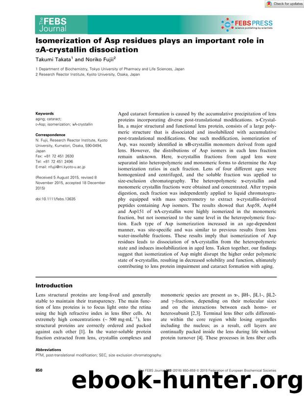 Isomerization of Asp residues plays an important role in Î±Aâcrystallin dissociation by Unknown