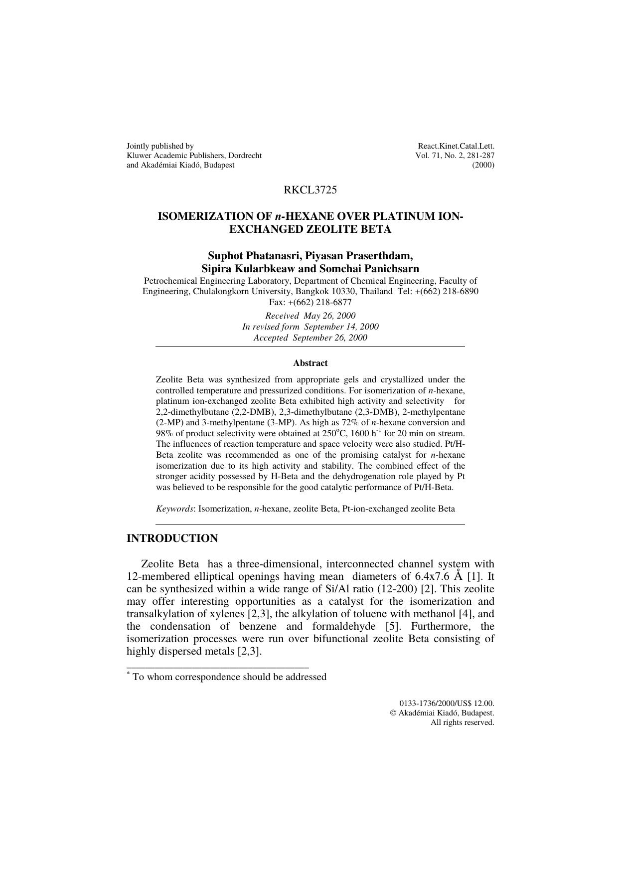 Isomerization of n-Hexane Over Platinum Ion-Exchanged Zeolite Beta by Unknown