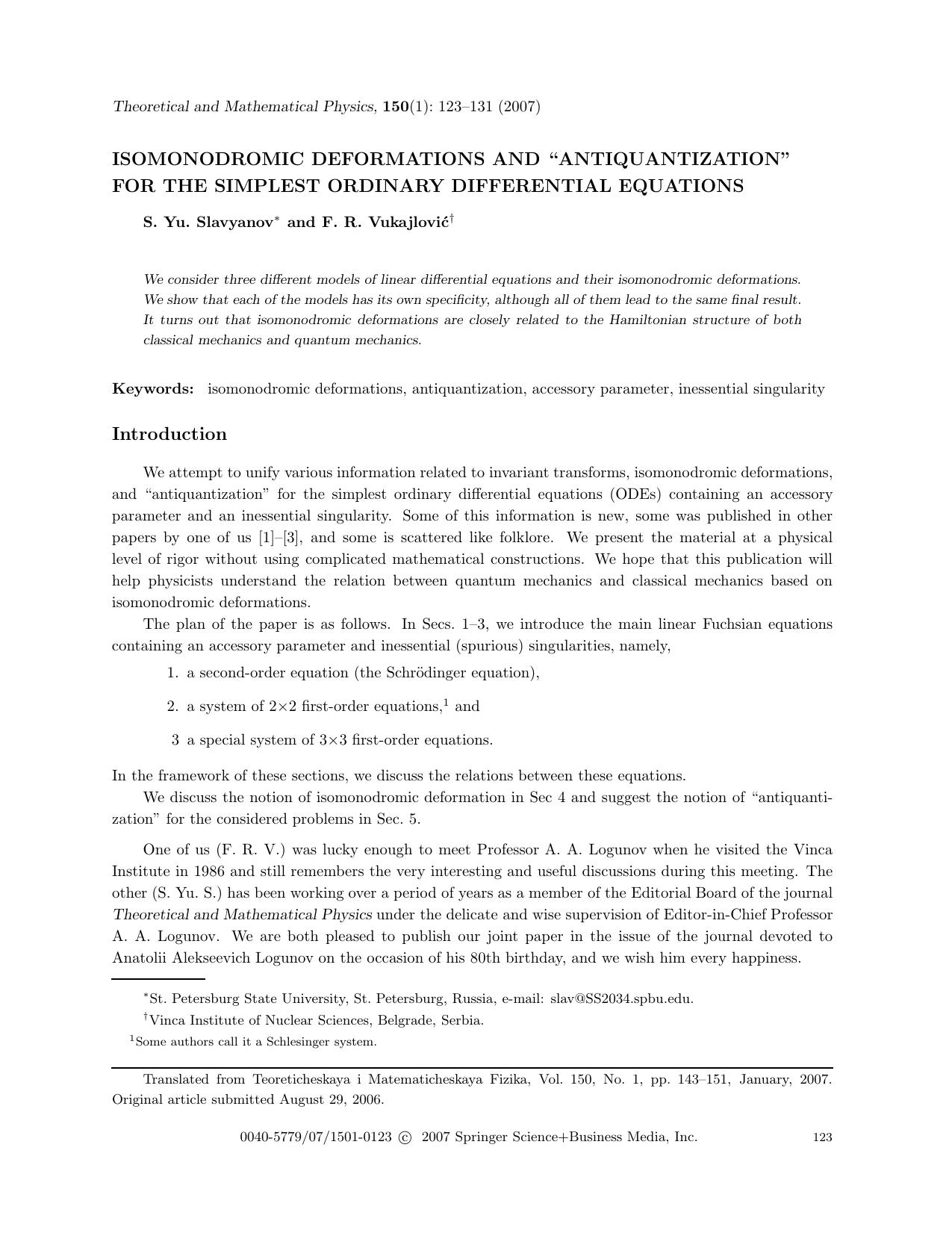 Isomonodromic deformations and &#x201C;antiquantization&#x201D; for the simplest ordinary differential equations by Unknown