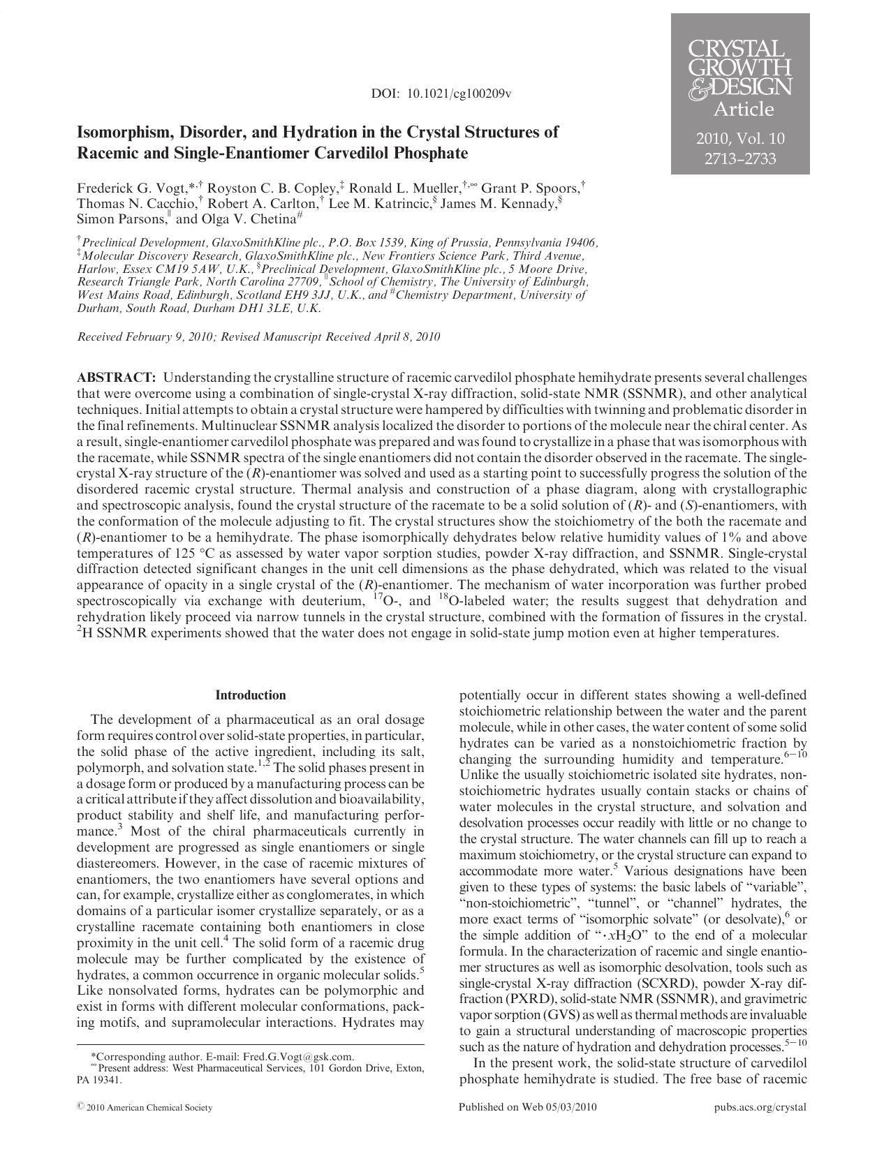 Isomorphism, Disorder, and Hydration in the Crystal Structures of Racemic and Single-Enantiomer Carvedilol Phosphate by Unknown