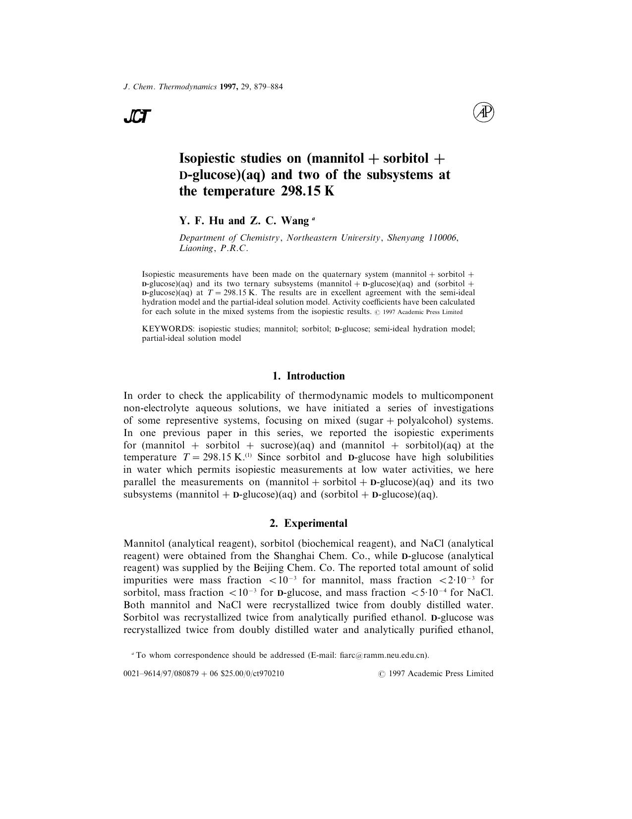 Isopiestic Studies on (Mannitol+Sorbitol+D-Glucose)(aq) and Two of the Subsystems at the Temperature 298.15 K by Hu Y. F. & Wang Z. C