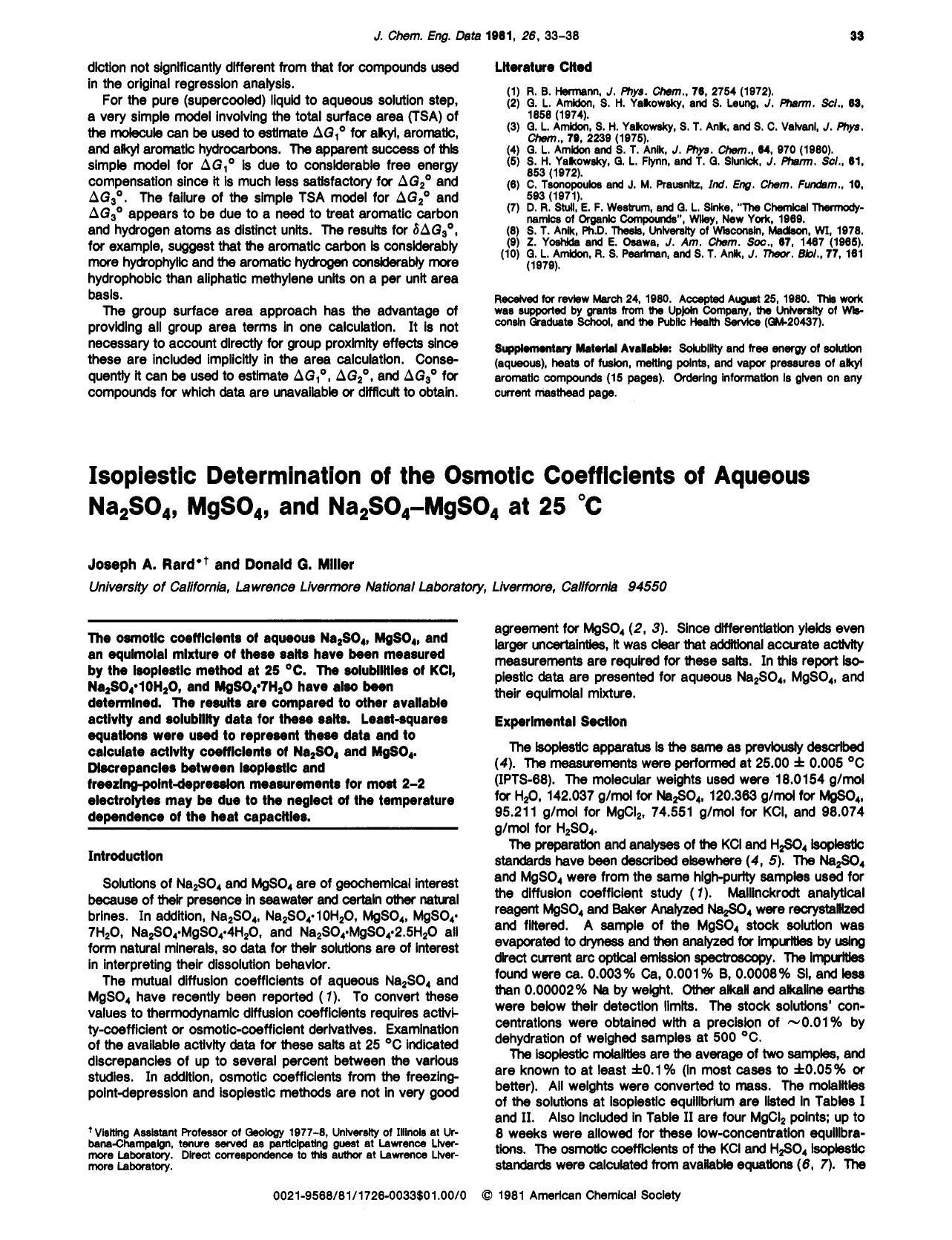 Isopiestic determination of the Osmotic coefficients of aqueous sodium sulfate, magnesium sulfate, and sodium sulfate-magnesium sulfate at 25 .degree.C by Joseph A. Rard Donald G. Miller
