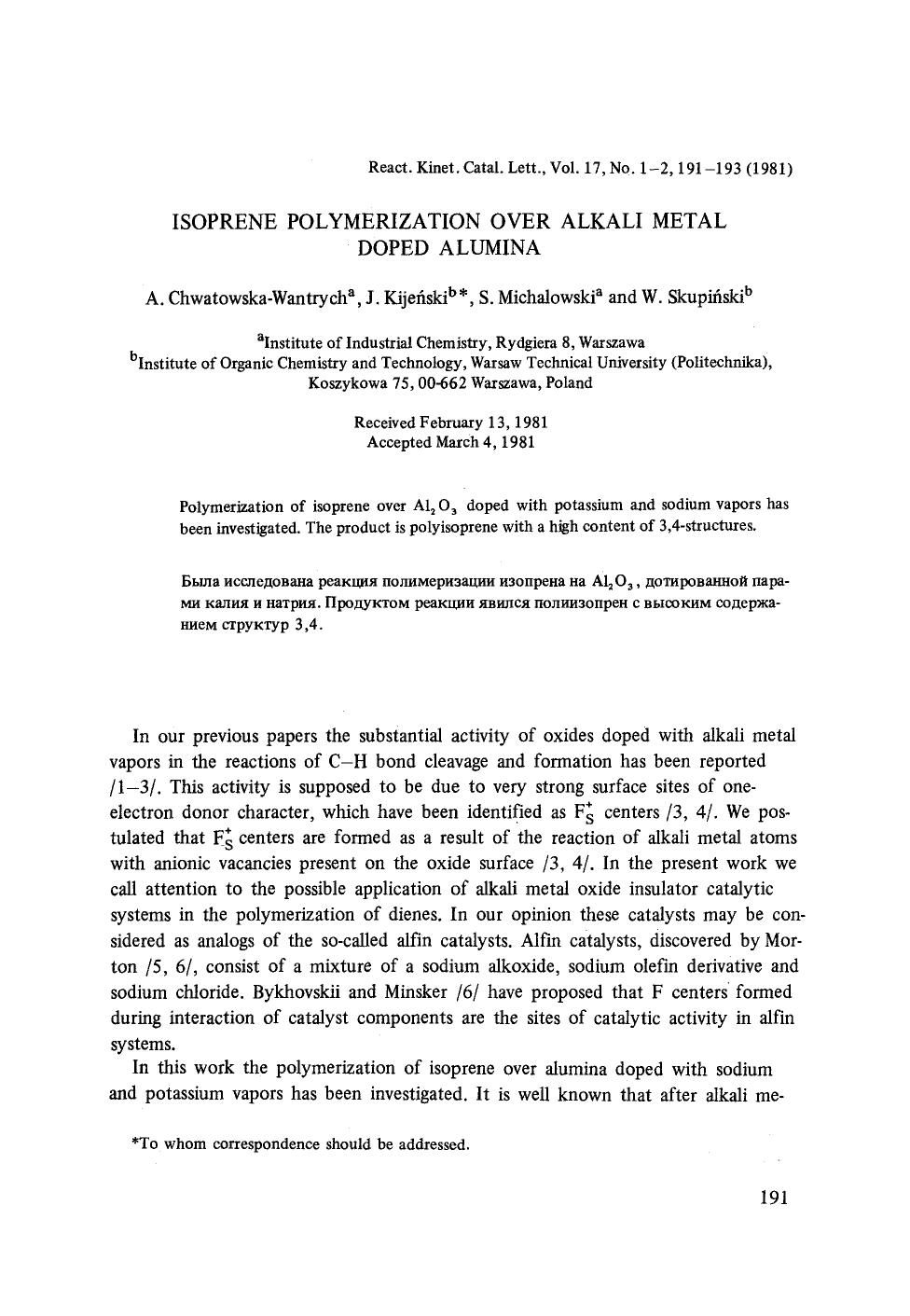 Isoprene polymerization over alkali metal doped alumina by Unknown