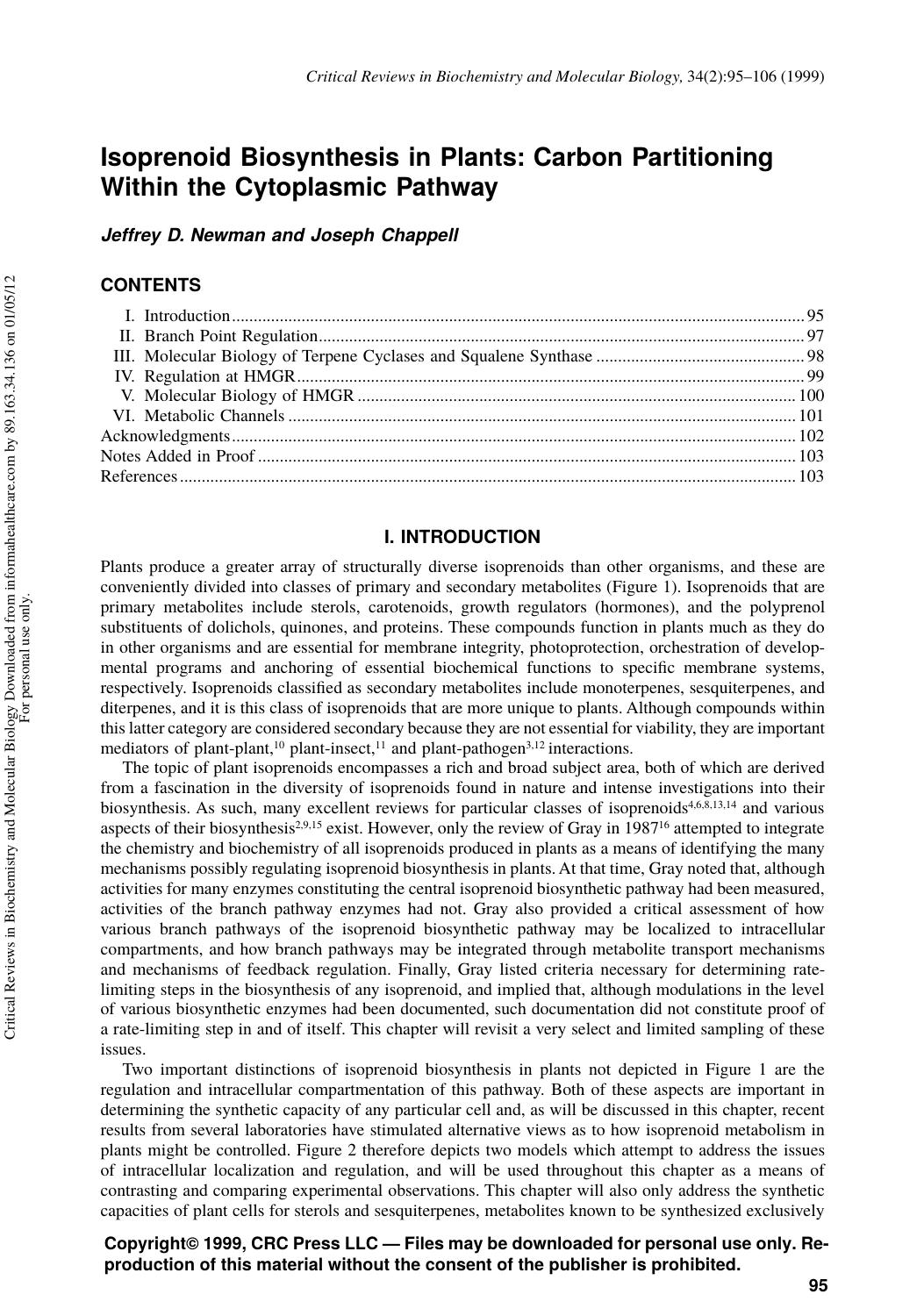 Isoprenoid Biosynthesis in Plants: Carbon Partitioning Within the Cytoplasmic Pathway by Jeffrey D. Newman & Joseph Chappell