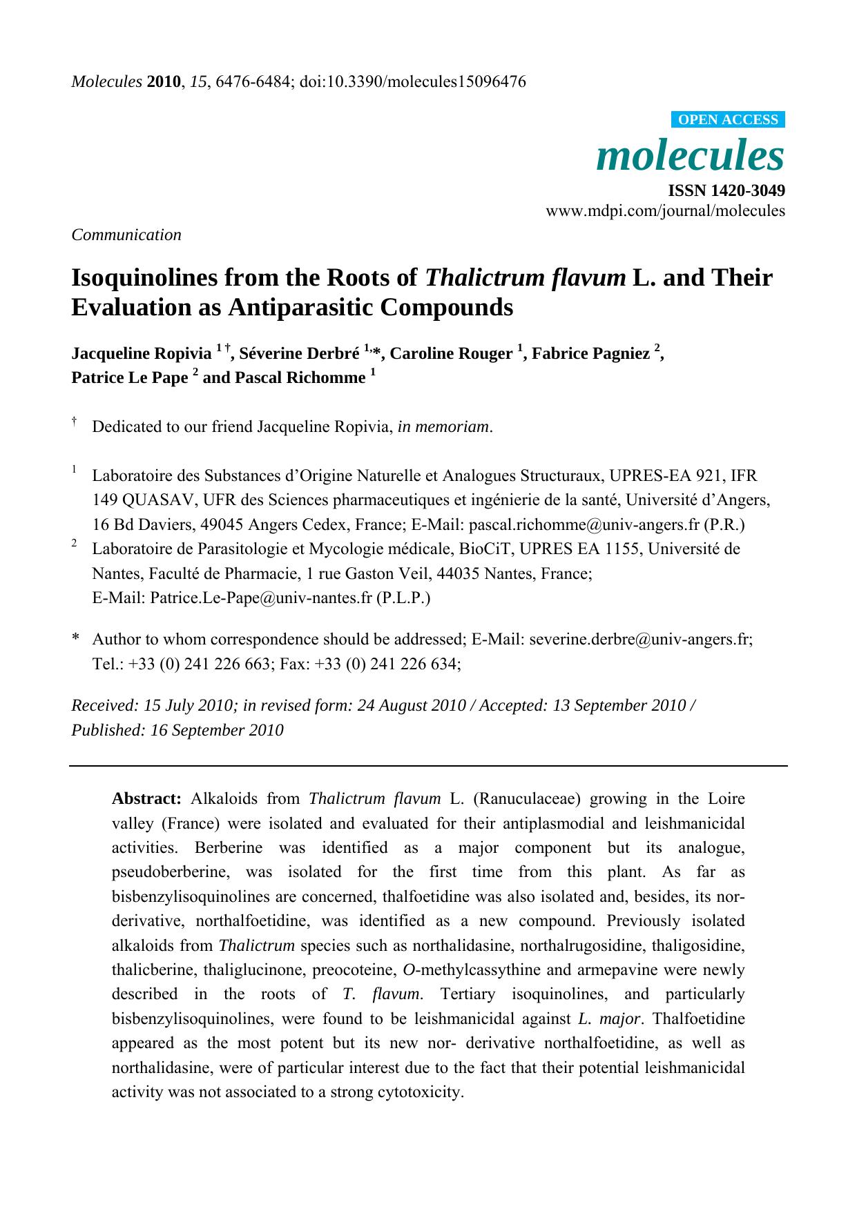Isoquinolines from the Roots of Thalictrum flavum L. and Their Evaluation as Antiparasitic Compounds by unknow