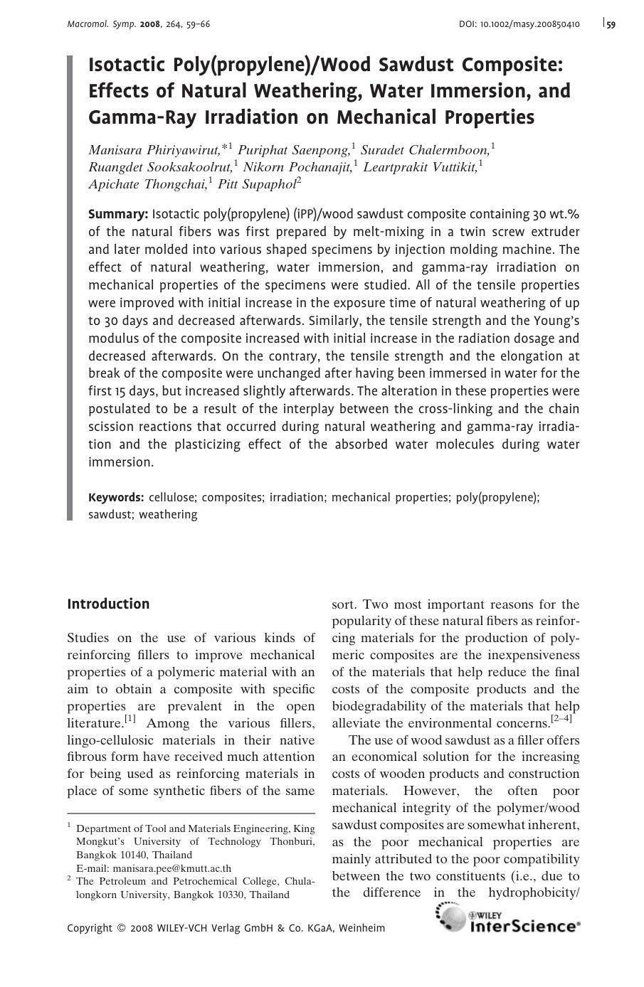 Isotactic Poly(propylene)Wood Sawdust Composite: Effects of Natural Weathering, Water Immersion, and Gamma-Ray Irradiation on Mechanical Properties by Unknown