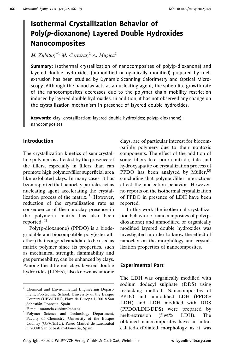 Isothermal Crystallization Behavior of Poly(pdioxanone) Layered Double Hydroxides Nanocomposites by Unknown