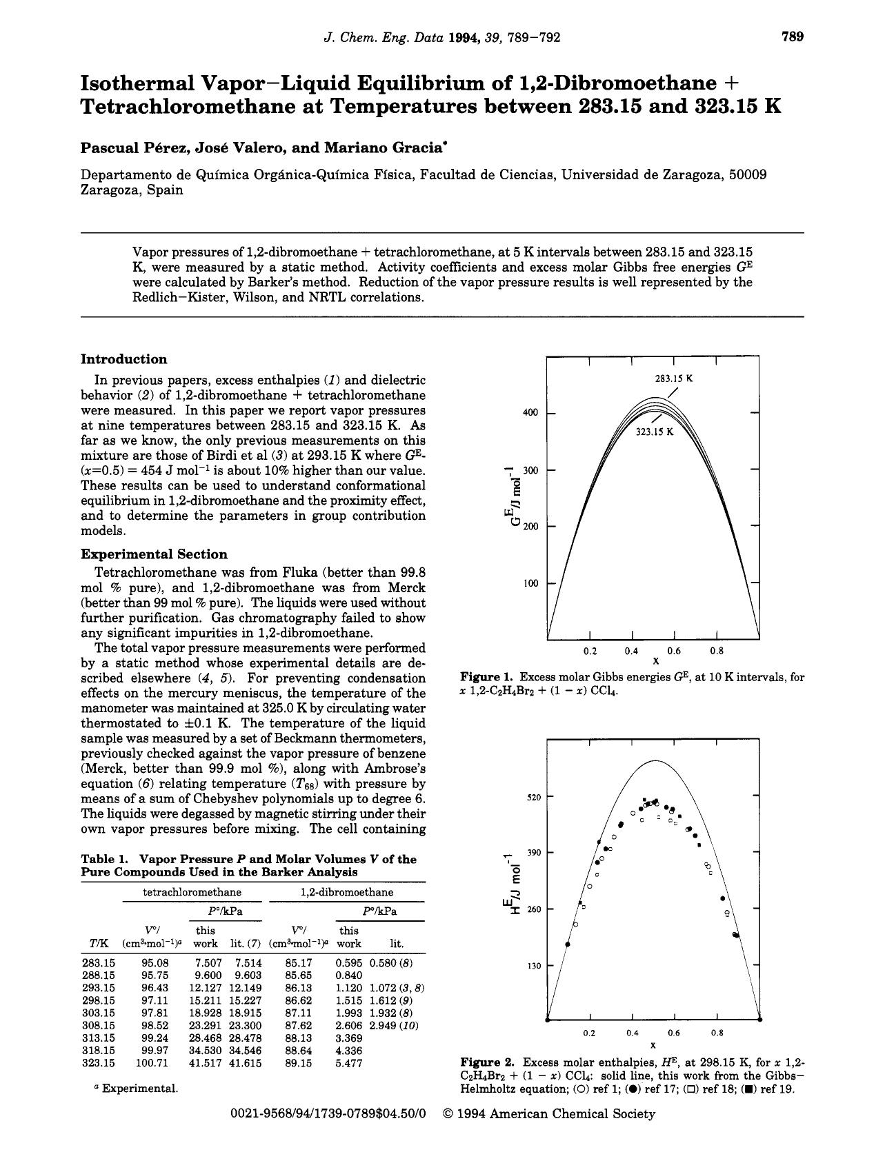 Isothermal Vapor-Liquid Equilibrium of 1,2-Dibromoethane + Tetrachloromethane at Temperatures between 283.15 and 323.15 K by Pascual Perez Jose Valero Mariano Gracia