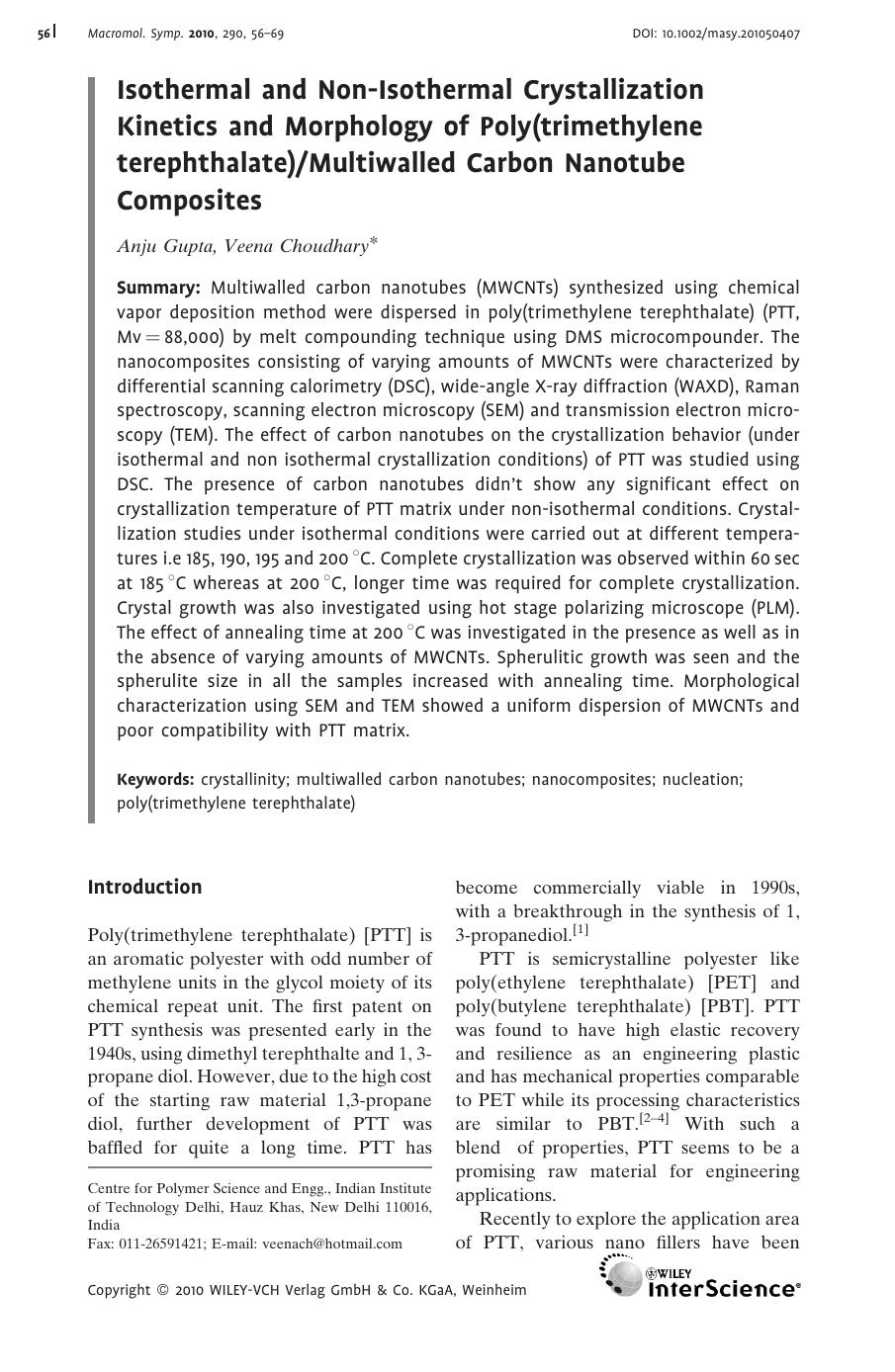 Isothermal and Non?Isothermal Crystallization Kinetics and Morphology of Poly(trimethylene terephthalate)Multiwalled Carbon Nanotube Composites by Unknown