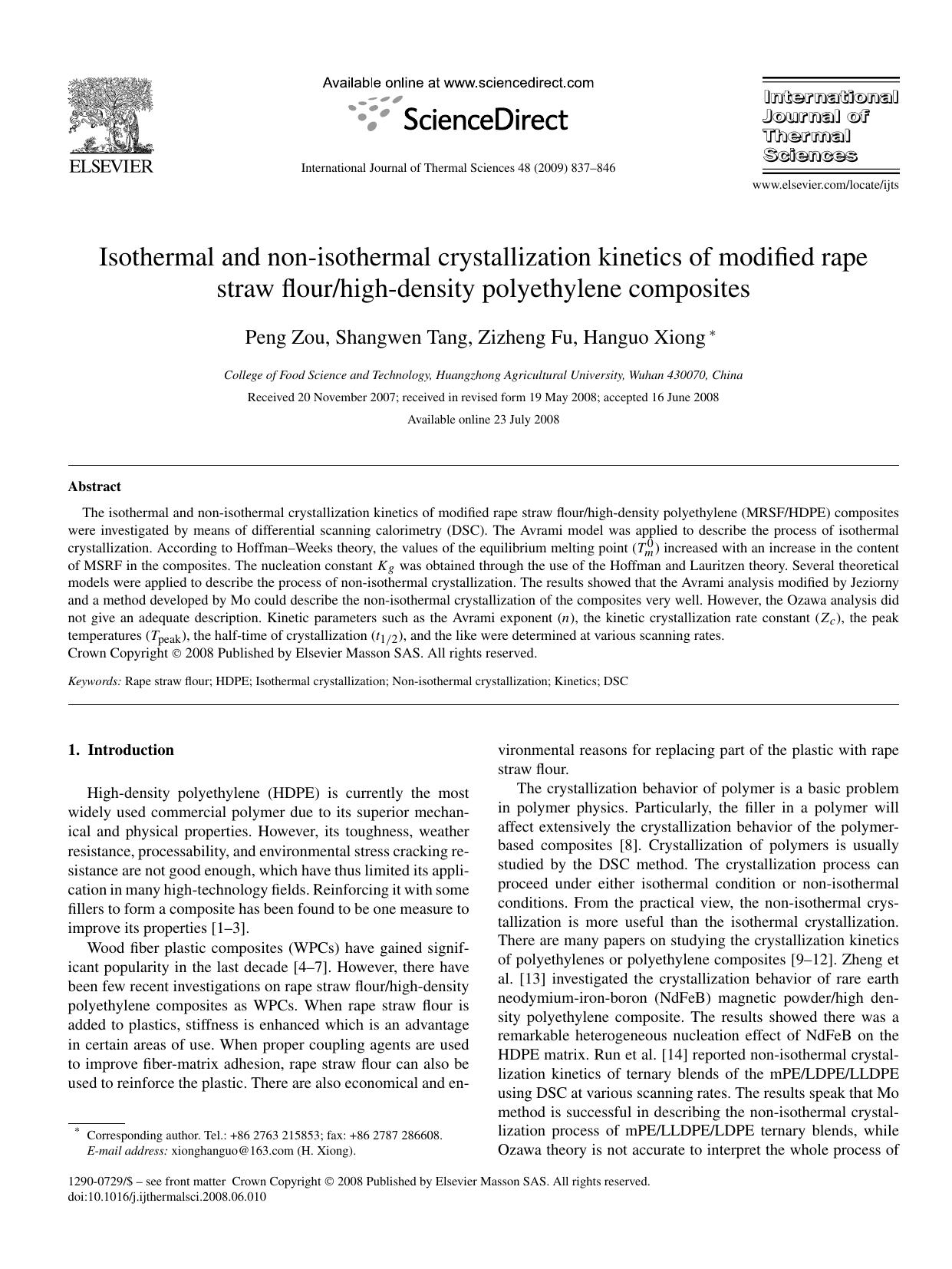 Isothermal and non-isothermal crystallization kinetics of modified rape straw flourhigh-density polyethylene composites by Peng Zou; Shangwen Tang; Zizheng Fu; Hanguo Xiong