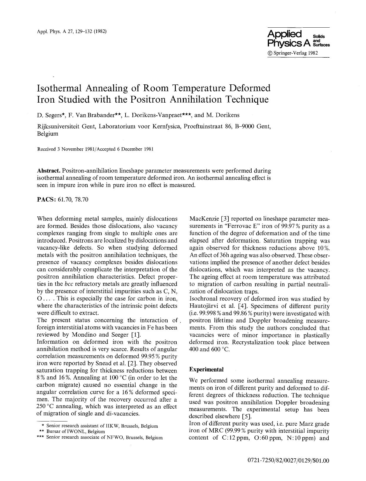Isothermal annealing of room temperature deformed iron studied with the positron annihilation technique by Unknown
