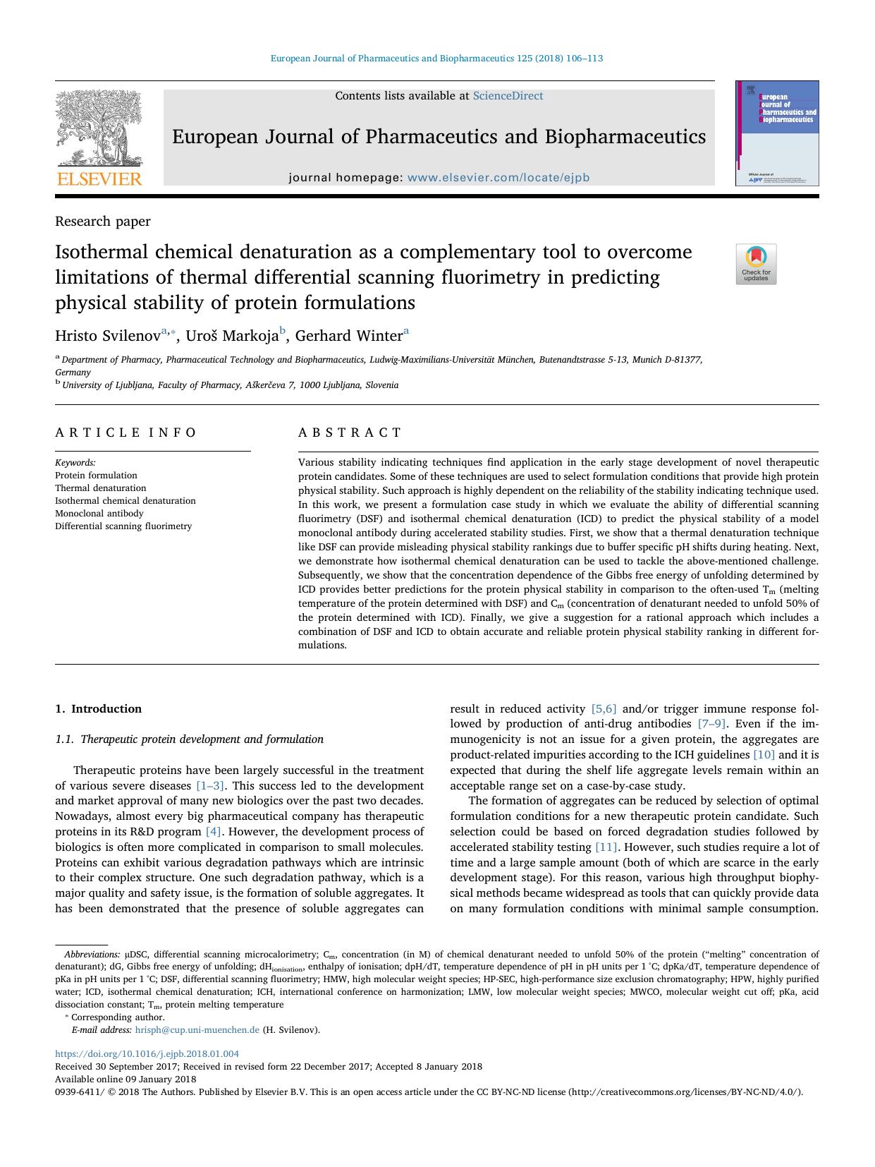 Isothermal chemical denaturation as a complementary tool to overcome limitations of thermal differential scanning fluorimetry in predicting physical stability of protein formulations by Hristo Svilenov