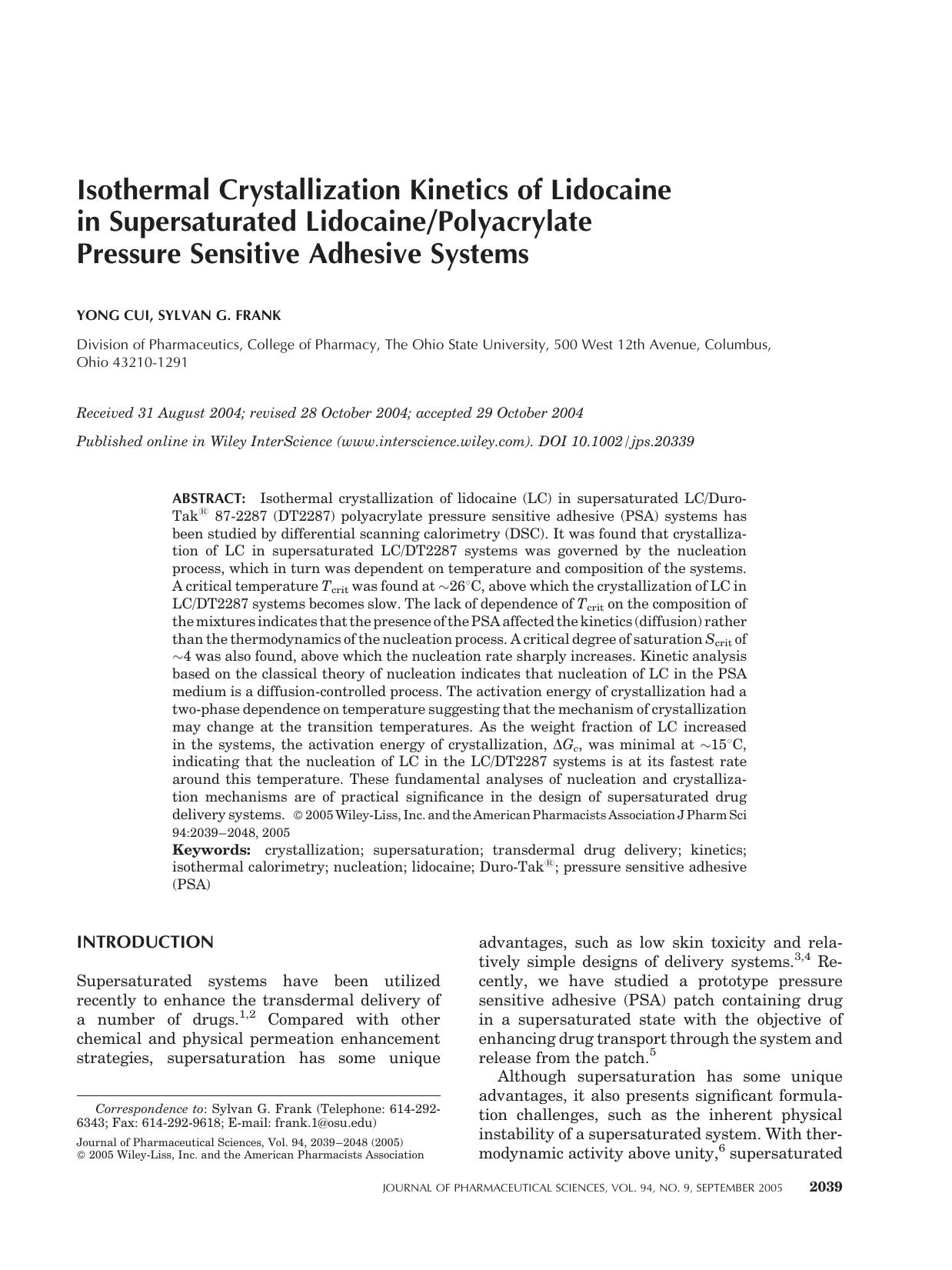 Isothermal crystallization kinetics of lidocaine in supersaturated lidocainepolyacrylate pressure sensitive adhesive systems by Unknown