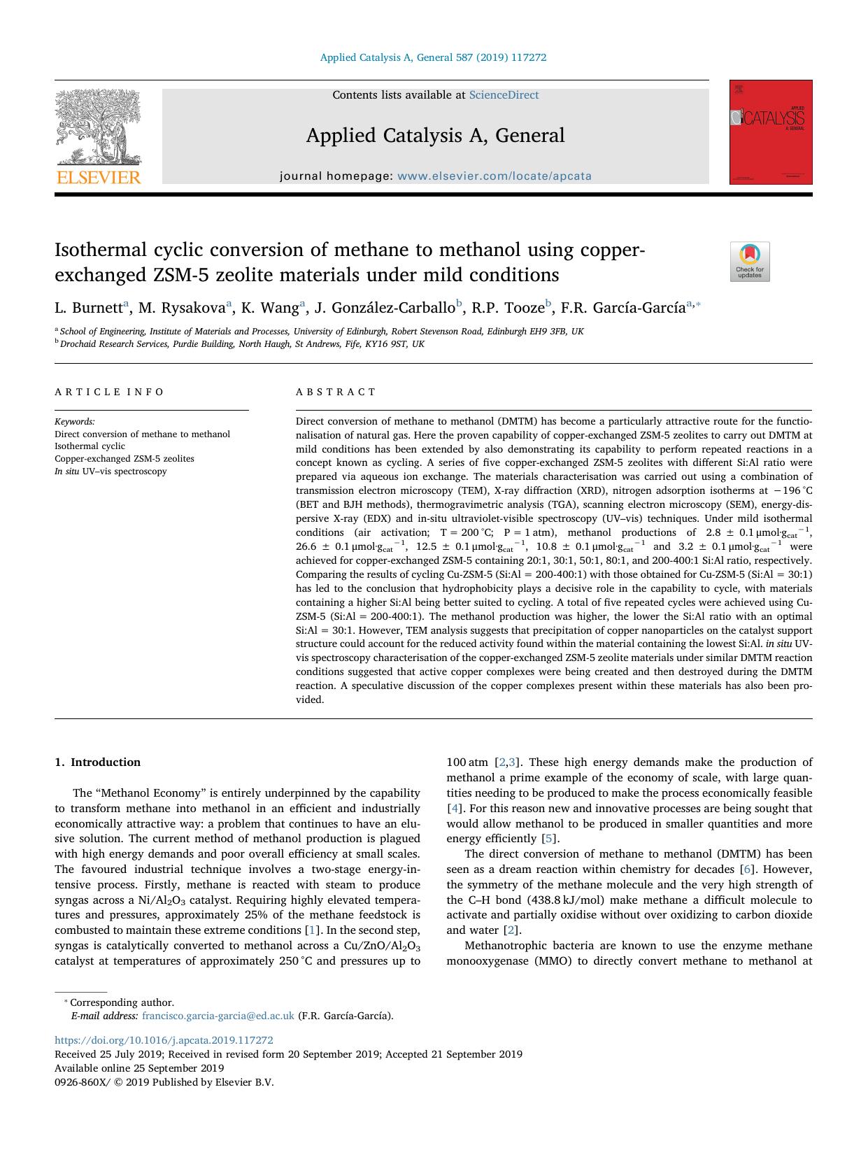 Isothermal cyclic conversion of methane to methanol using copper-exchanged ZSM-5 zeolite materials under mild conditions by L. Burnett & M. Rysakova & K. Wang & J. González-Carballo & R.P. Tooze & F.R. García-García