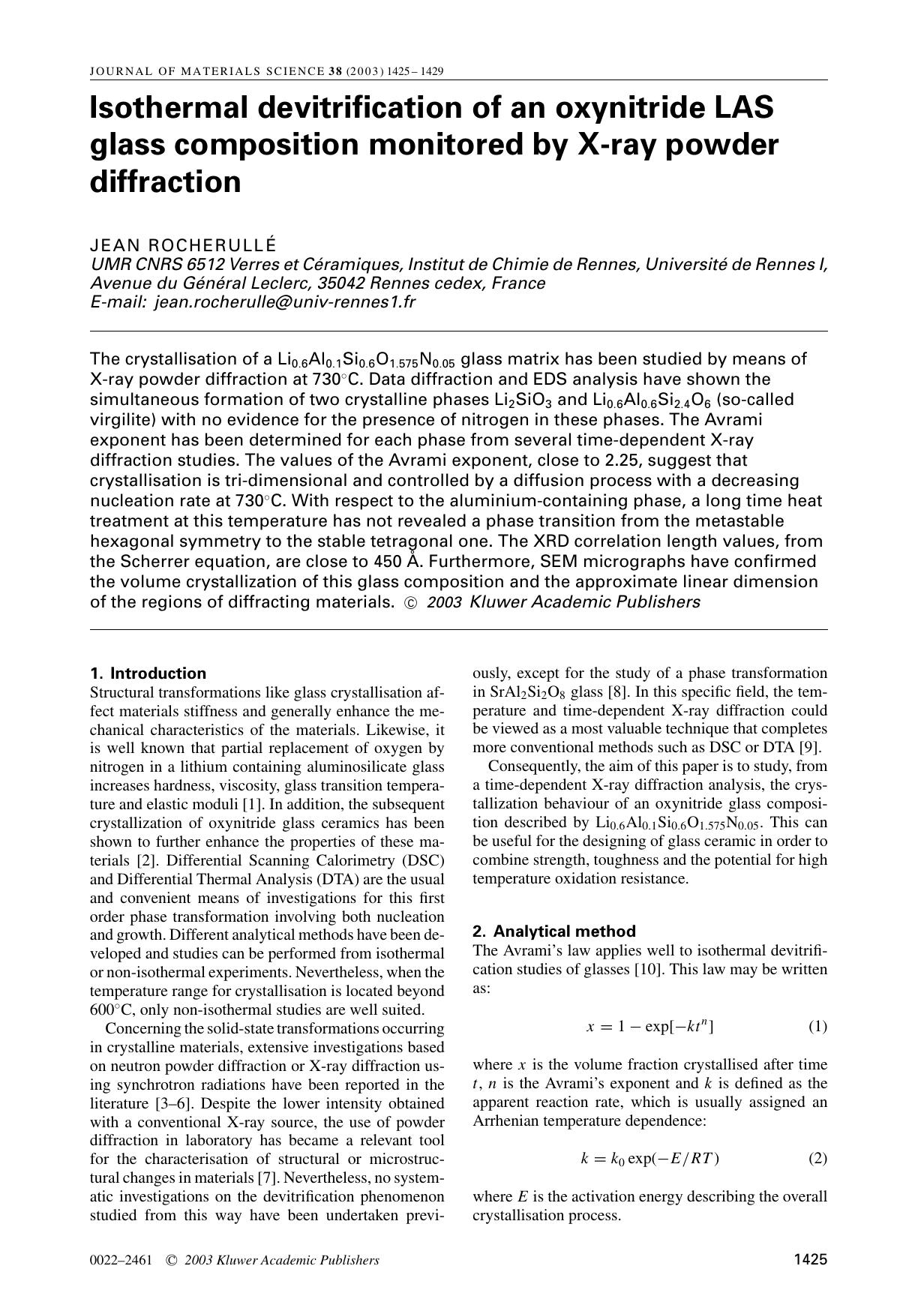 Isothermal devitrification of an oxynitride LAS glass composition monitored by X-ray powder diffraction by Unknown