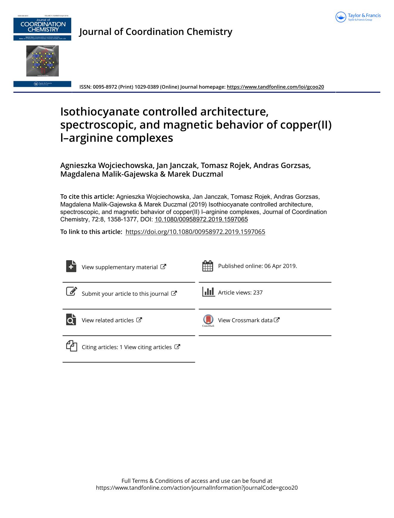 Isothiocyanate controlled architecture, spectroscopic, and magnetic behavior of copper(II) lâarginine complexes by unknow