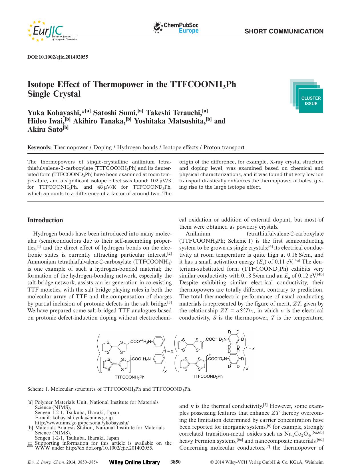 Isotope Effect of Thermopower in the TTFCOONH3Ph Single Crystal by Unknown