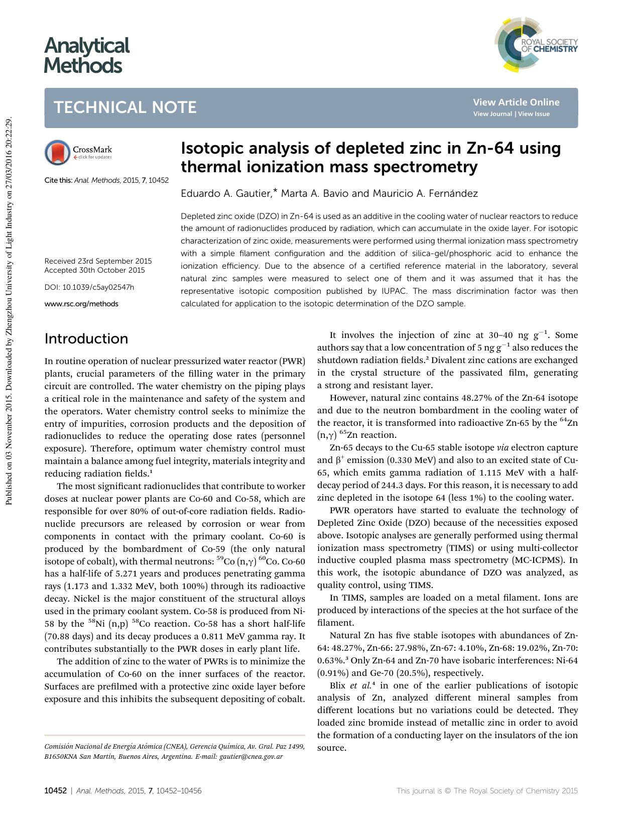 Isotopic analysis of depleted zinc in Zn-64 using thermal ionization mass spectrometry by Eduardo A. Gautier & Marta A. Bavio & Mauricio A. Fernández