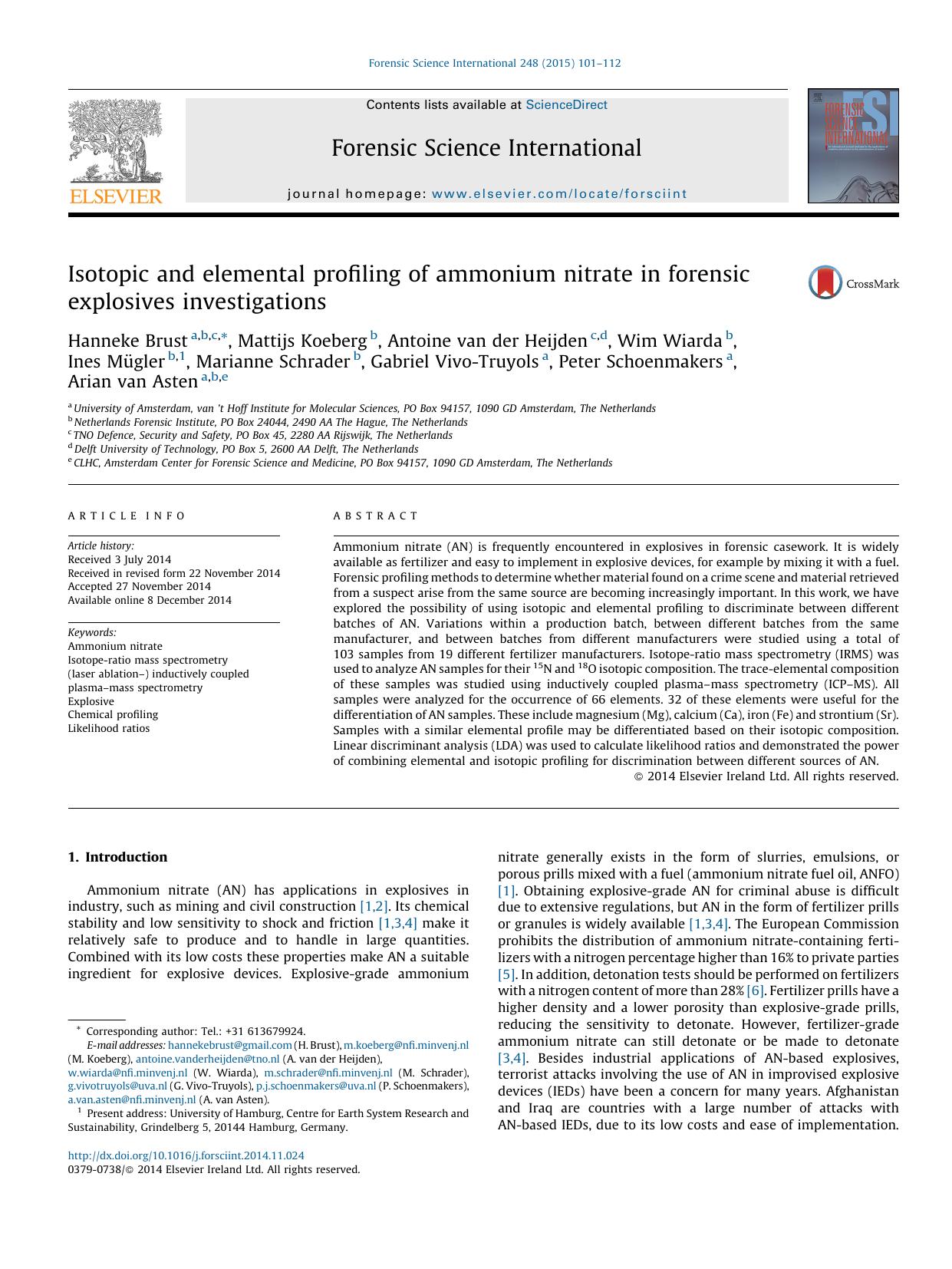 Isotopic and elemental profiling of ammonium nitrate in forensic explosives investigations by unknow