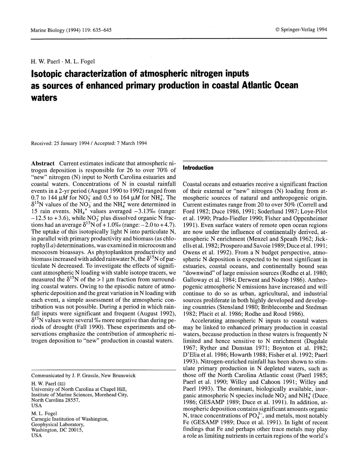 Isotopic characterization of atmospheric nitrogen inputs as sources of enhanced primary production in coastal Atlantic Ocean waters by Unknown