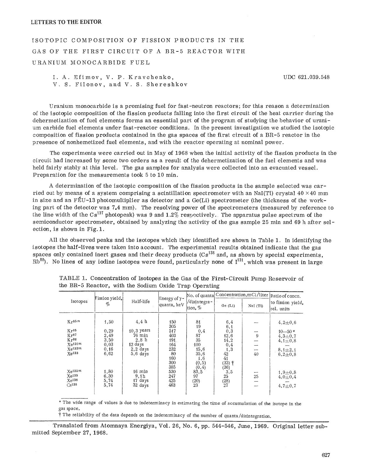 Isotopic composition of fission products in the gas of the first circuit of a BR-5 reactor with uranium monocarbide fuel by Unknown