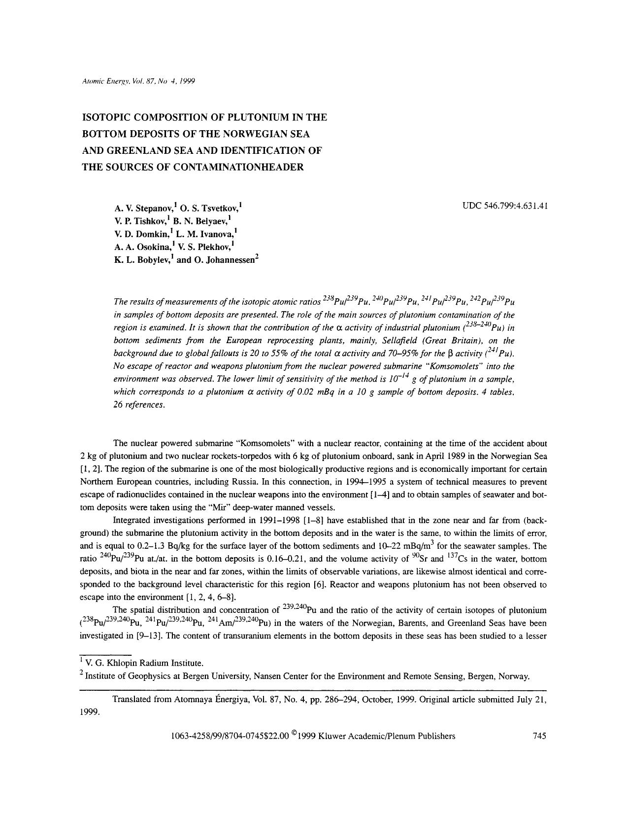 Isotopic composition of plutonium in the bottom deposits of the Norwegian Sea and Greenland Sea and identification of the sources of contaminationhearder by Unknown