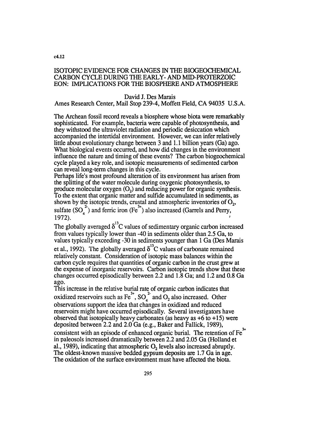 Isotopic evidence for changes in the biogeochemical carbon cycle during the early-and mid-proterzoic eon: Implications for the biosphere and atmosphere by Unknown