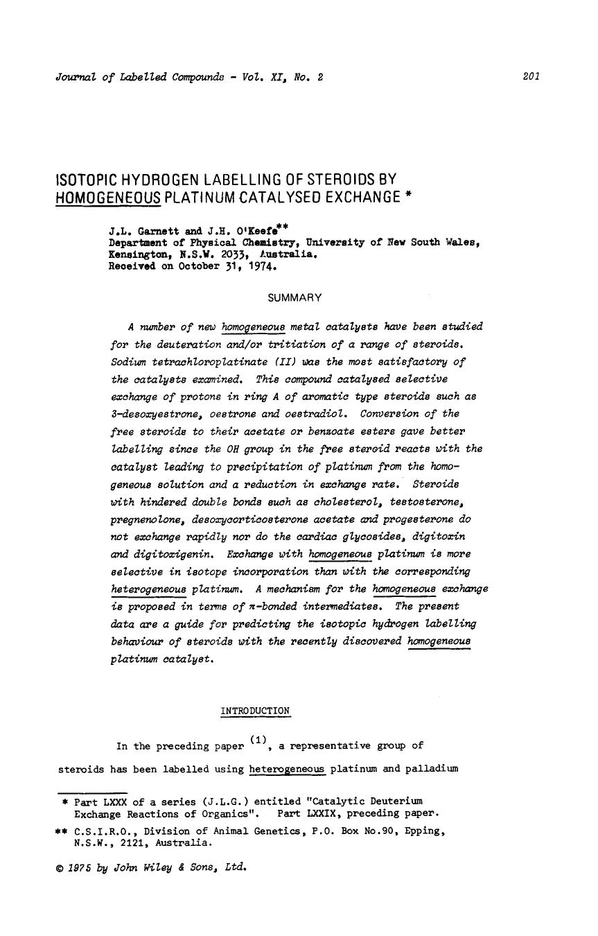 Isotopic hydrogen labelling of steroids by homogeneous platinum catalysed exchange by Unknown