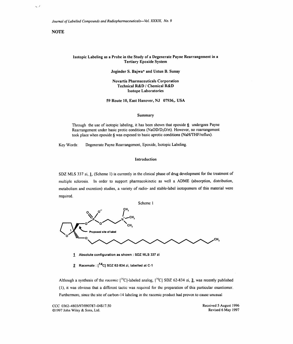 Isotopic labeling as a probe in the study of a degenerate Payne Rearrangement in a tertiary epoxide system by Unknown