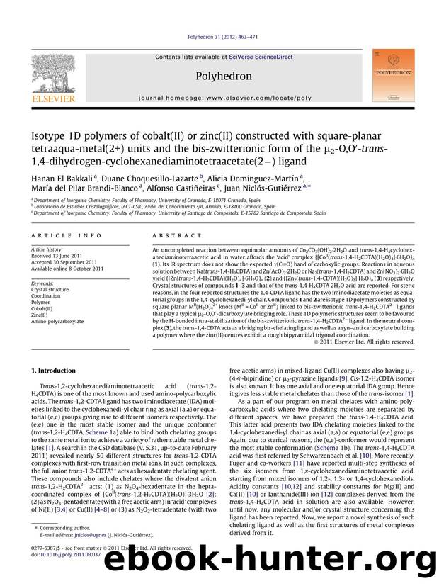 Isotype 1D polymers of cobalt(II) or zinc(II) constructed with square-planar tetraaqua-metal(2+) units and the bis-zwitterionic form of the ÃÂ¼2-O,OÃ¢â¬Â²-trans-1,4-dihydrogen-cy by unknow