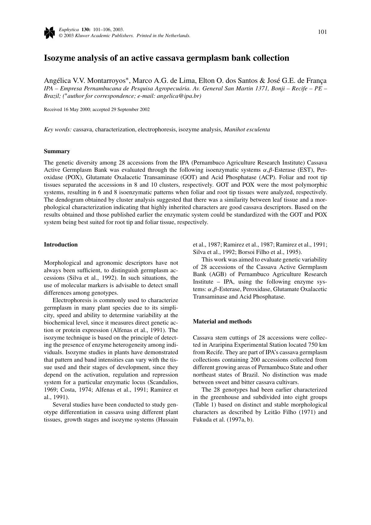 Isozyme analysis of an active cassava germplasm bank collection by Unknown