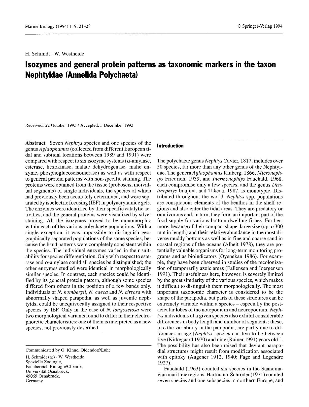 Isozymes and general protein patterns as taxonomic markers in the taxon Nephtyidae (Annelida Polychaeta) by Unknown