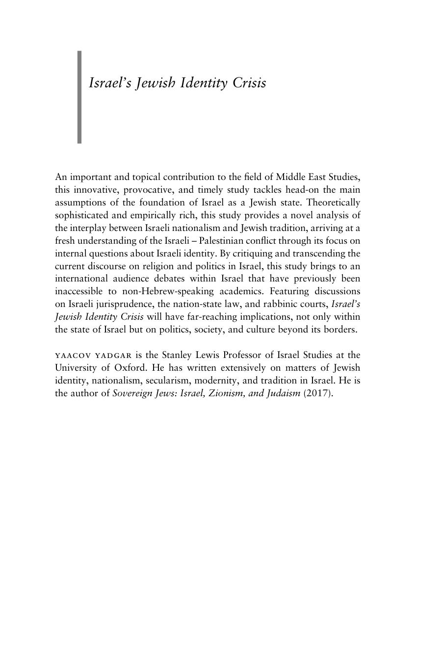 Israel's Jewish Identity Crisis: State and Politics in the Middle East by Yaacov Yadgar