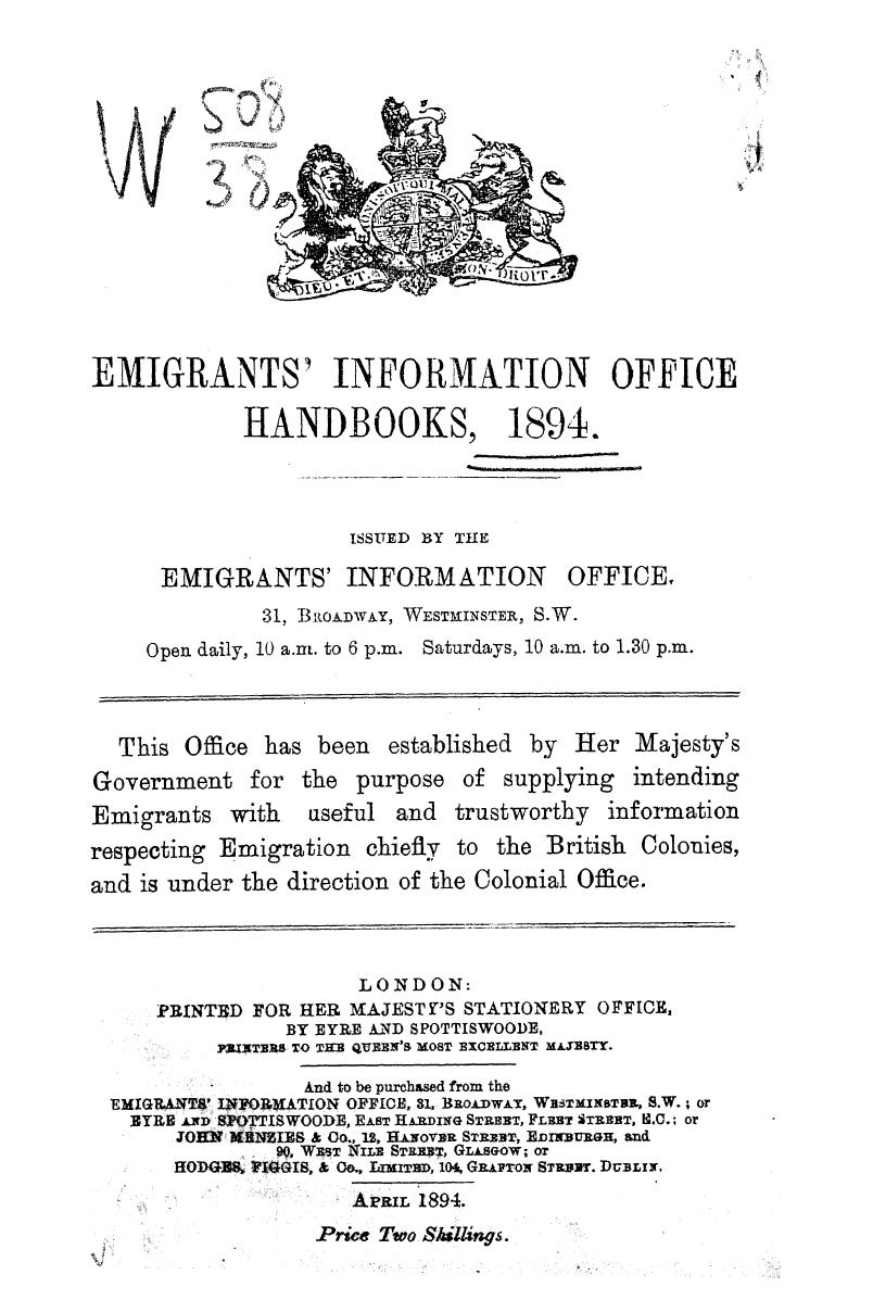 Issued BY THE Emigrant's Information Office - Emigrant's information office handbooks, 1894 by 1894