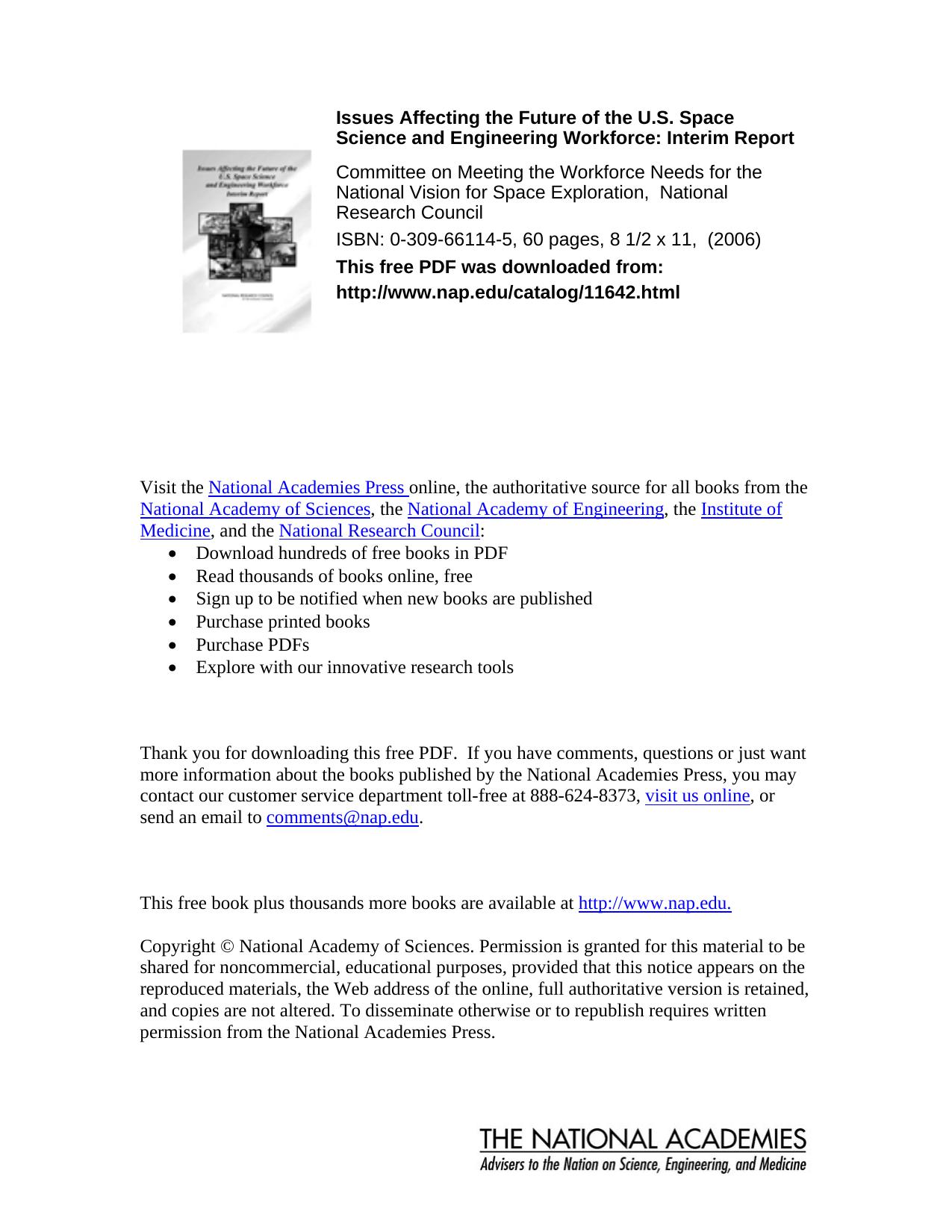 Issues Affecting the Future of the U.s. Space Science And Engineering Workforce: Interim Report by unknow