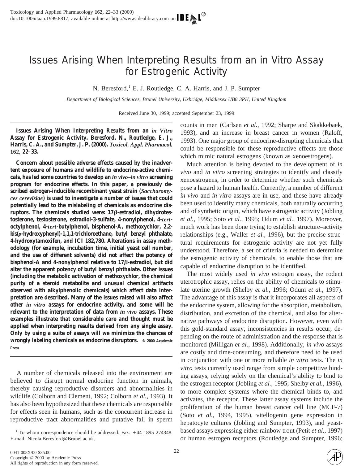 Issues Arising When Interpreting Results from an in Vitro Assay for Estrogenic Activity by Beresford N. et al