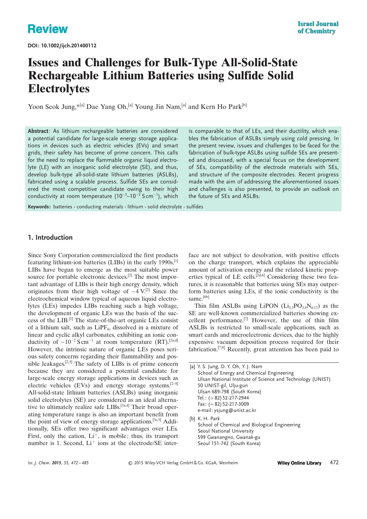 Issues and Challenges for BulkType AllSolidState Rechargeable Lithium Batteries using Sulfide Solid Electrolytes by Unknown