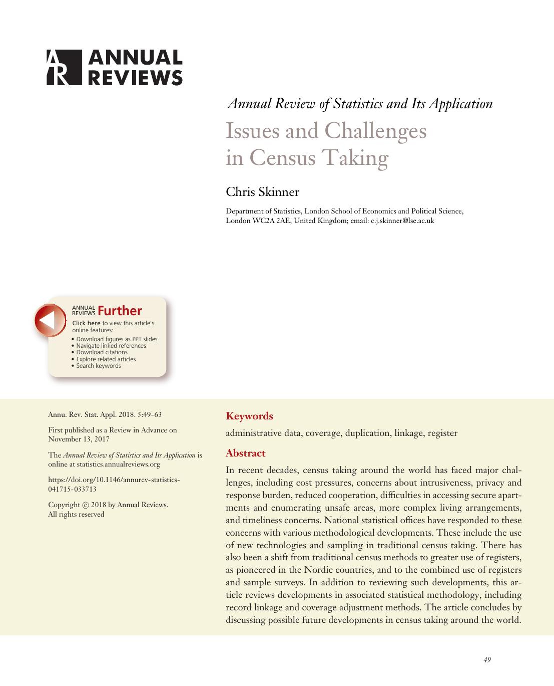 Issues and Challenges in Census Taking by Chris Skinner