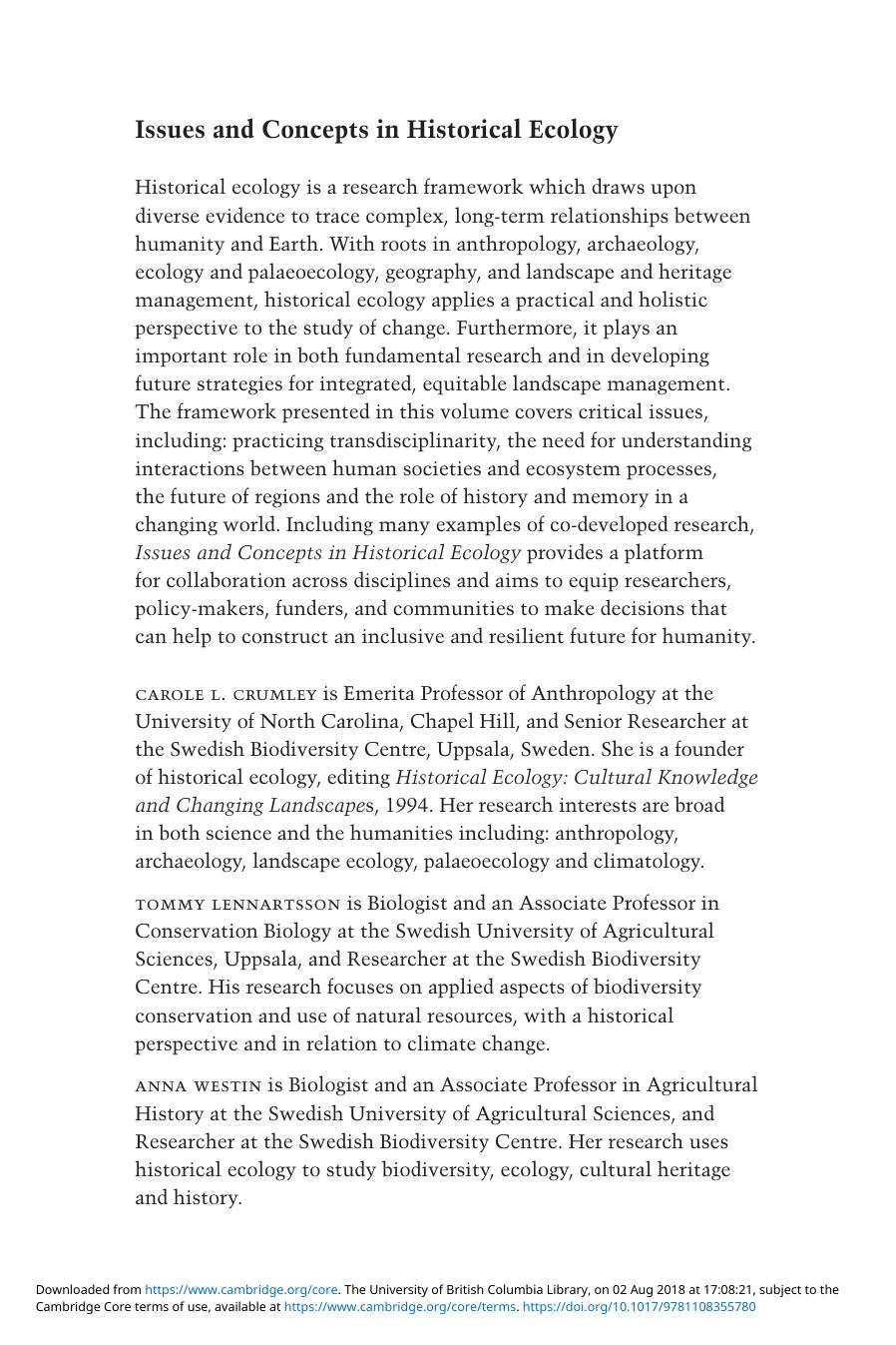 Issues and Concepts in Historical Ecology: the Past and Future of Landscapes and Regions by Carol Crumley